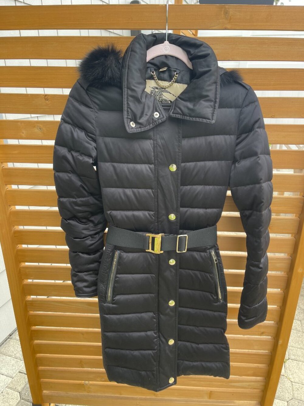 Burberry London Black Quilted Down Fox Fur Hooded Puffer Belted - Size 4. - Picture 4 of 14